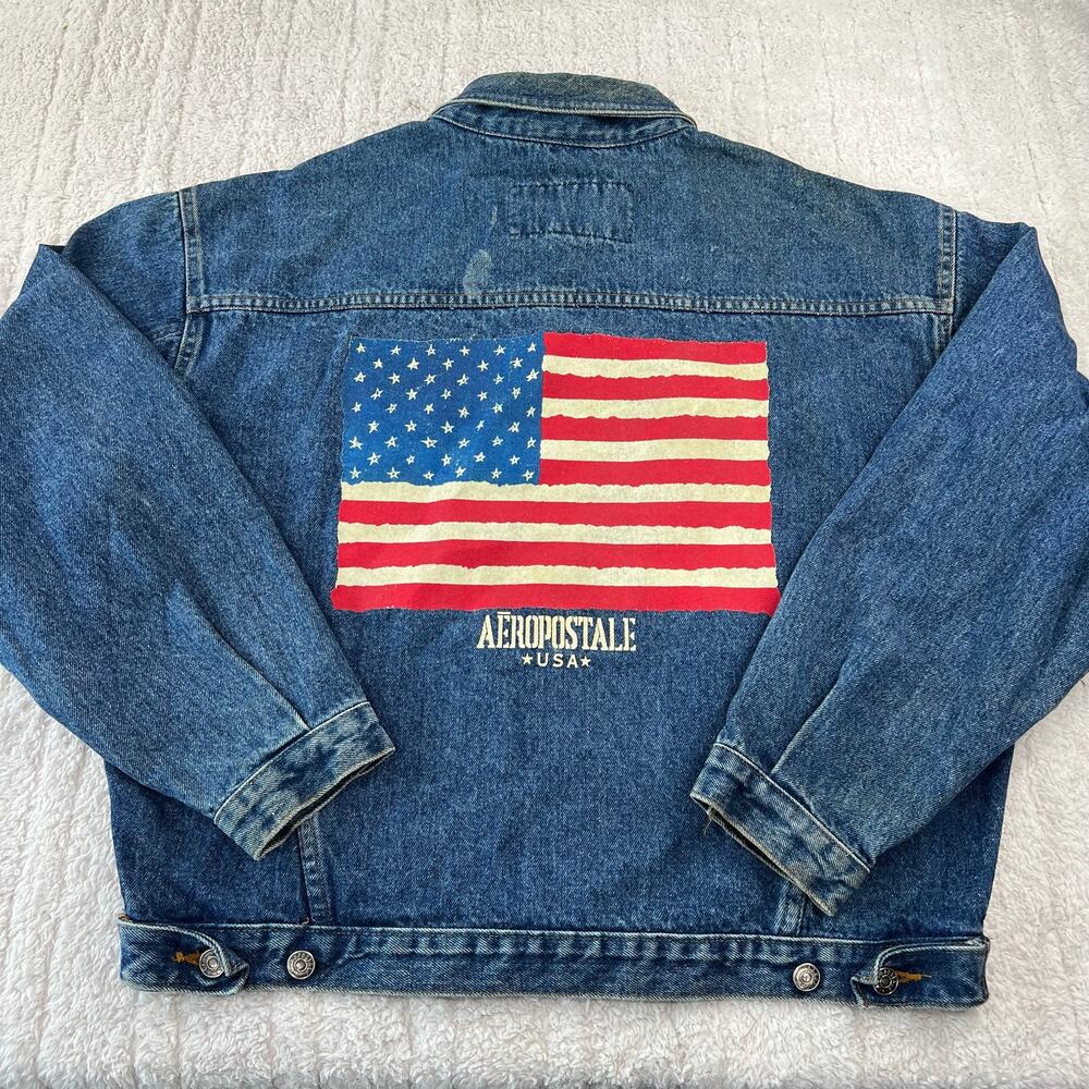 Aeropostale Denim Jean Jacket American Flag Vintage Coat Men's size Large USA